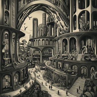 Cranefold style, Midjourney V6.1: megacity with futuristic bioarchitecture