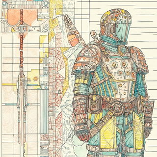 Bokehblazon style, Midjourney V6.1: concept art character design of retropunk steam knight