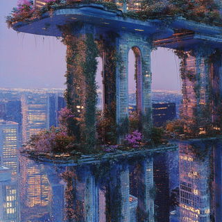 Hyperspatial Meander style, Midjourney V6.1: megacity with futuristic bioarchitecture