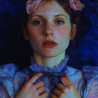 Hyperspatial Meander style, Midjourney V6.1: photographic portrait of female protagonist