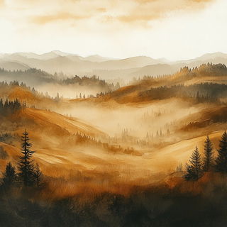 Aria Rubra style, Midjourney V6.1: realistic landscape photograph of quiet dawn