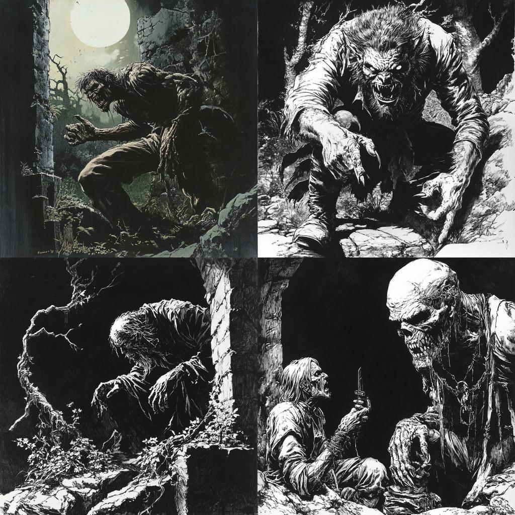 Bernie Wrightson style, Midjourney V6.1, render 1 of 4