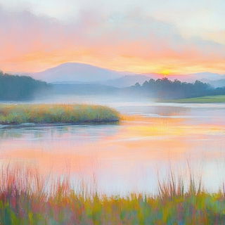 Auralis Glassworks style, Midjourney V6.1: realistic landscape photograph of quiet dawn