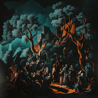 Pyrofolia Castellism style, Midjourney V6.1: classical 18th-century oil painting