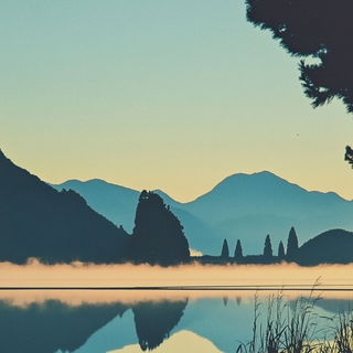 Inkstep Bluegrass style, Midjourney V6.1: realistic landscape photograph of quiet dawn