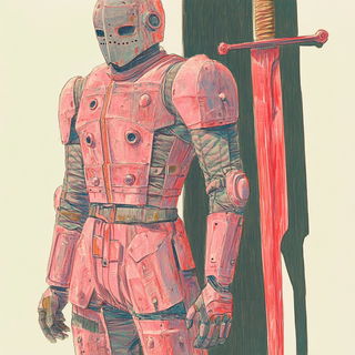 Kozo Windmill Society style, Midjourney V6.1: concept art character design of retropunk steam knight