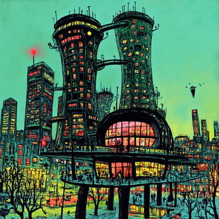 Ruinstory Inkward style, Midjourney V6.1: megacity with futuristic bioarchitecture
