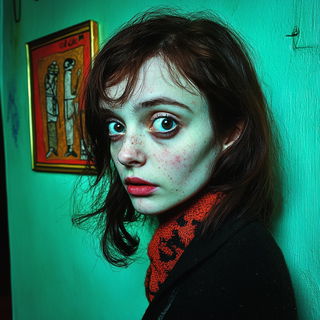 Ruinstory Inkward style, Midjourney V6.1: photographic portrait of female protagonist