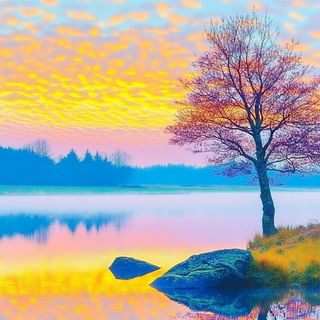Eyeball Flourish style, Midjourney V6.1: realistic landscape photograph of quiet dawn