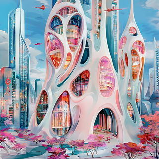 Peacock Lamella style, Midjourney V6.1: megacity with futuristic bioarchitecture