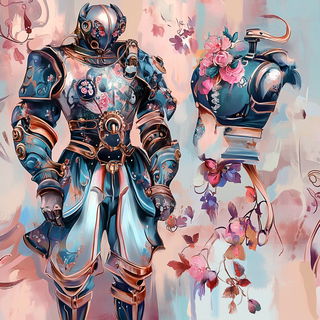 Peacock Lamella style, Midjourney V6.1: concept art character design of retropunk steam knight