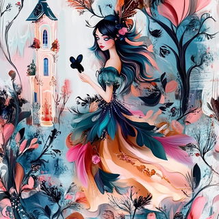 Peacock Lamella style, Midjourney V6.1: retro fairy-tale illustration
