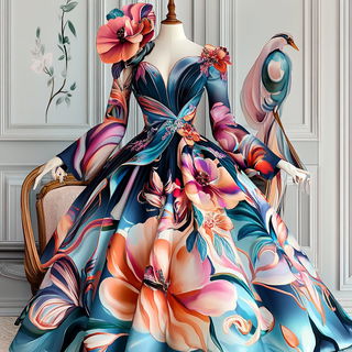 Peacock Lamella style, Midjourney V6.1: haute-couture fashion outfit
