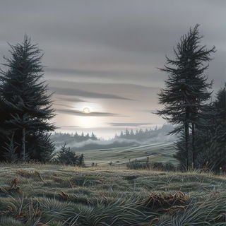 Cryomap style, Midjourney V6.1: realistic landscape photograph of quiet dawn