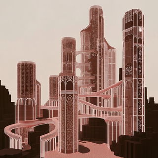 Caldera Gravure style, Midjourney V6.1: megacity with futuristic bioarchitecture