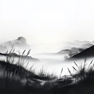 Glyphstatic style, Midjourney V6.1: realistic landscape photograph of quiet dawn