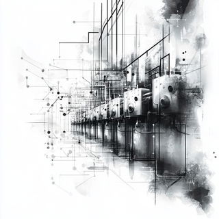 Glyphstatic style, Midjourney V6.1: technical infrastructure blueprint schematics