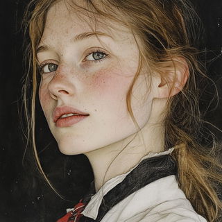 Rimeportrait style, Midjourney V6.1: photographic portrait of female protagonist