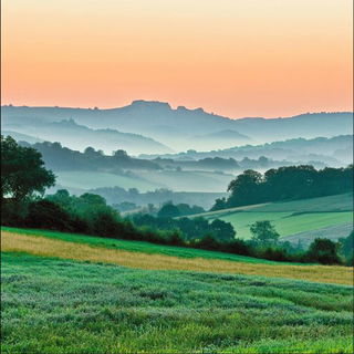 Neon Schist Howl style, Midjourney V6.1: realistic landscape photograph of quiet dawn