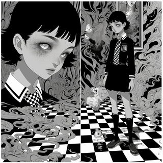 Chiyou Verdure style, Midjourney V6.1: black-and-white manga comic strip