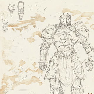 Fossilflora style, Midjourney V6.1: concept art character design of retropunk steam knight