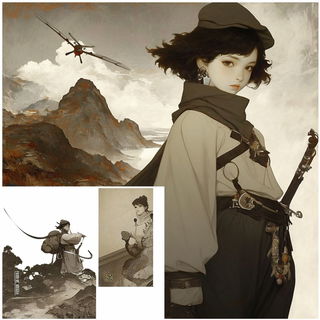 Fossilwave style, Midjourney V6.1: black-and-white manga comic strip