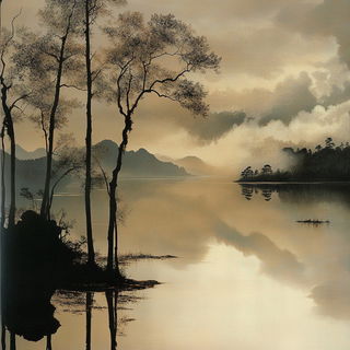 Fossilwave style, Midjourney V6.1: realistic landscape photograph of quiet dawn