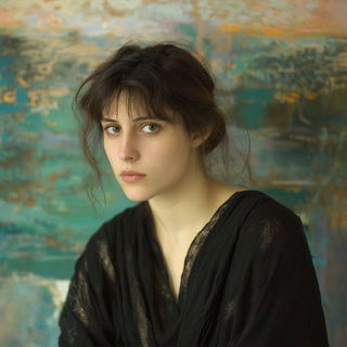 Indiglyph style, Midjourney V6.1: photographic portrait of female protagonist