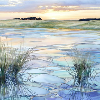 Hachurascape style, Midjourney V6.1: realistic landscape photograph of quiet dawn