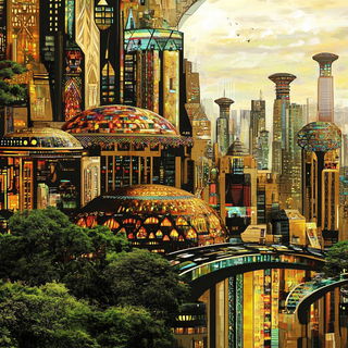 Tidechromism style, Midjourney V6.1: megacity with futuristic bioarchitecture