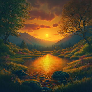 Kaleidobind style, Midjourney V6.1: realistic landscape photograph of quiet dawn