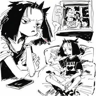 Pastoral Maskwater style, Midjourney V6.1: black-and-white manga comic strip