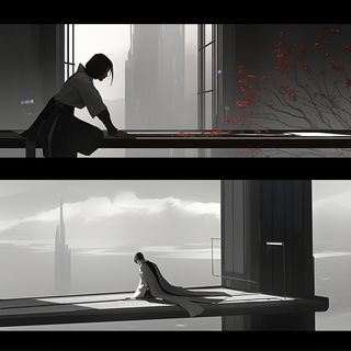 Pixelplane Chromatics style, Midjourney V6.1: black-and-white manga comic strip