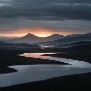 Pixelplane Chromatics style, Midjourney V6.1: realistic landscape photograph of quiet dawn