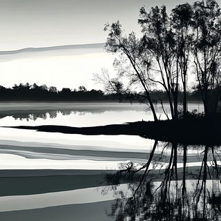 Pointillaria style, Midjourney V6.1: realistic landscape photograph of quiet dawn