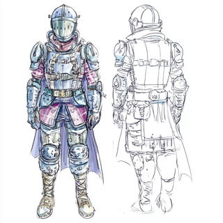 Portalcairn style, Midjourney V6.1: concept art character design of retropunk steam knight