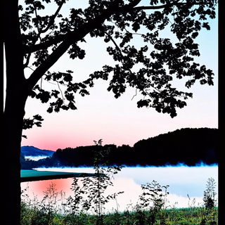 Rotoshade style, Midjourney V6.1: realistic landscape photograph of quiet dawn