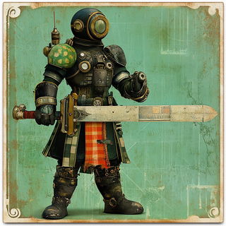 Voidneedle style, Midjourney V6.1: concept art character design of retropunk steam knight