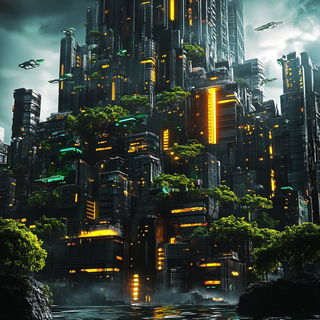 Chromaglass style, Midjourney V6.1: megacity with futuristic bioarchitecture