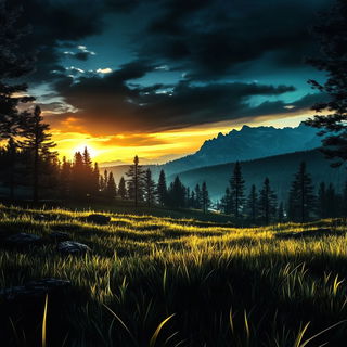 Chromaglass style, Midjourney V6.1: realistic landscape photograph of quiet dawn
