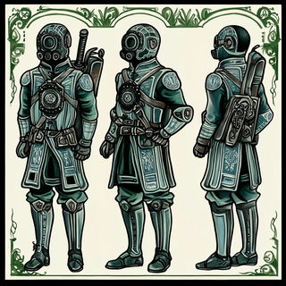 Automaton Panelwork style, Midjourney V6.1: concept art character design of retropunk steam knight
