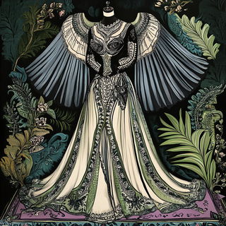 Automaton Panelwork style, Midjourney V6.1: haute-couture fashion outfit