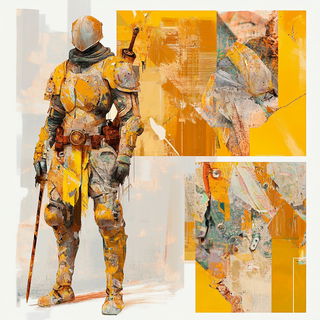 Ruinscript style, Midjourney V6.1: concept art character design of retropunk steam knight