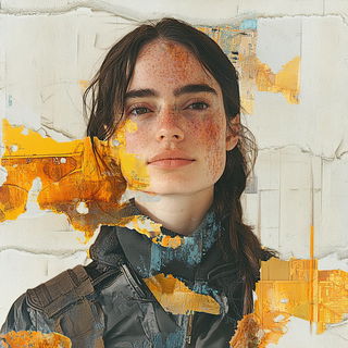 Ruinscript style, Midjourney V6.1: photographic portrait of female protagonist