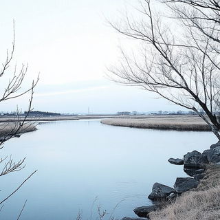 Aureate Ink Revival style, Midjourney V6.1: realistic landscape photograph of quiet dawn