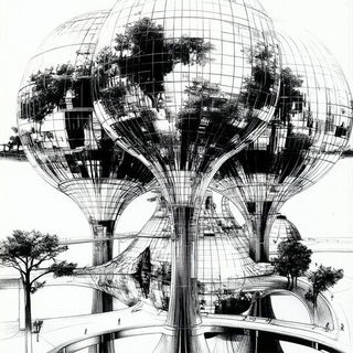 Inkstitch style, Midjourney V6.1: megacity with futuristic bioarchitecture