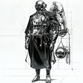 Inkstitch style, Midjourney V6.1: concept art character design of retropunk steam knight