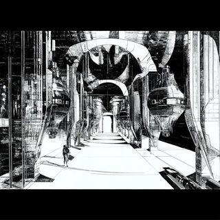 Inkstitch style, Midjourney V6.1: cinematic shot from sci-fi movie