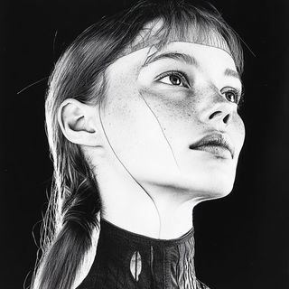 Inkstitch style, Midjourney V6.1: photographic portrait of female protagonist