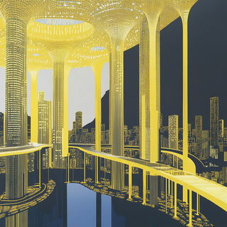 Fungiflux style, Midjourney V6.1: megacity with futuristic bioarchitecture